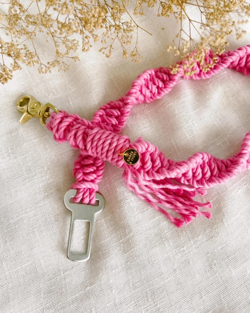 EMBER & IVORY Macrame Seat Belt Dog Restraint In Hot Pink (Made In The USA) 1 EMBER & IVORY Macrame Seat Belt Dog Restraint In Hot Pink (Made In The USA)