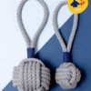 MYSTIC KNOTWORK Monkey Fist Rope Dog Toy In Gray With Navy Whipping (Made In The USA)