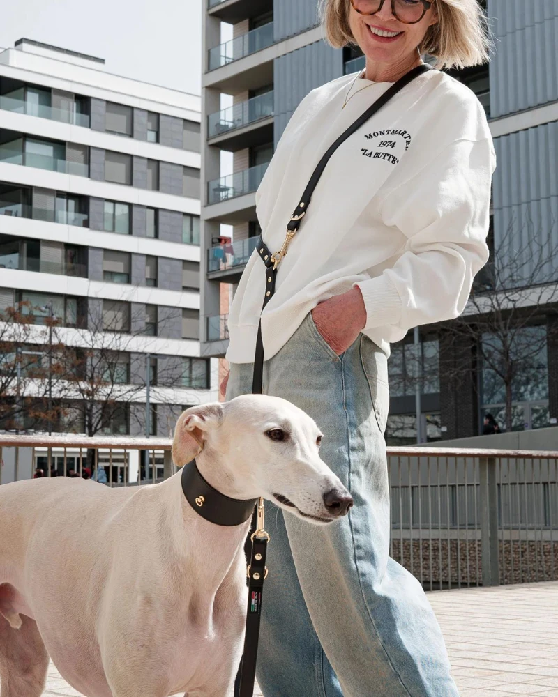 BRANNI Black Nara Hands-Free Leather Dog Leash With Brass Hardware (Made In Italy) 1 BRANNI Black Nara Hands-Free Leather Dog Leash With Brass Hardware (Made In Italy)