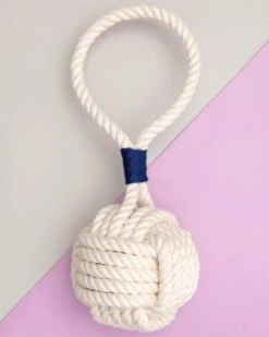 MYSTIC KNOTWORK Monkey Fist Rope Dog Toy In White With Navy Whipping (Made In The USA)