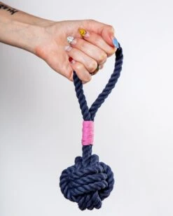 MYSTIC KNOTWORK Monkey Fist Rope Dog Toy In Navy With Pink Whipping (Made In The USA)