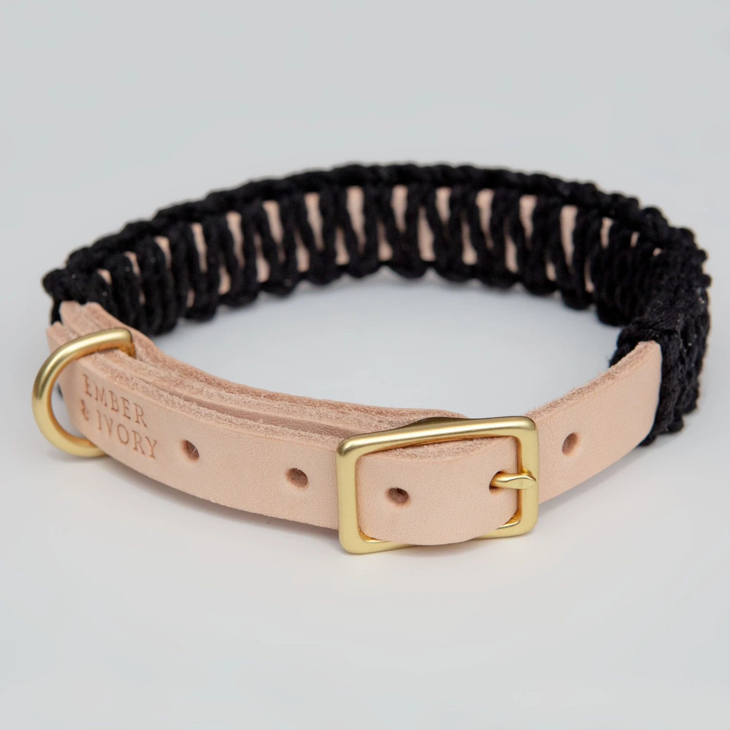 EMBER & IVORY Macrame & Leather Dog Collar In Black W/ Natural (Made In The USA) 1 EMBER & IVORY Macrame & Leather Dog Collar In Black W/ Natural (Made In The USA)