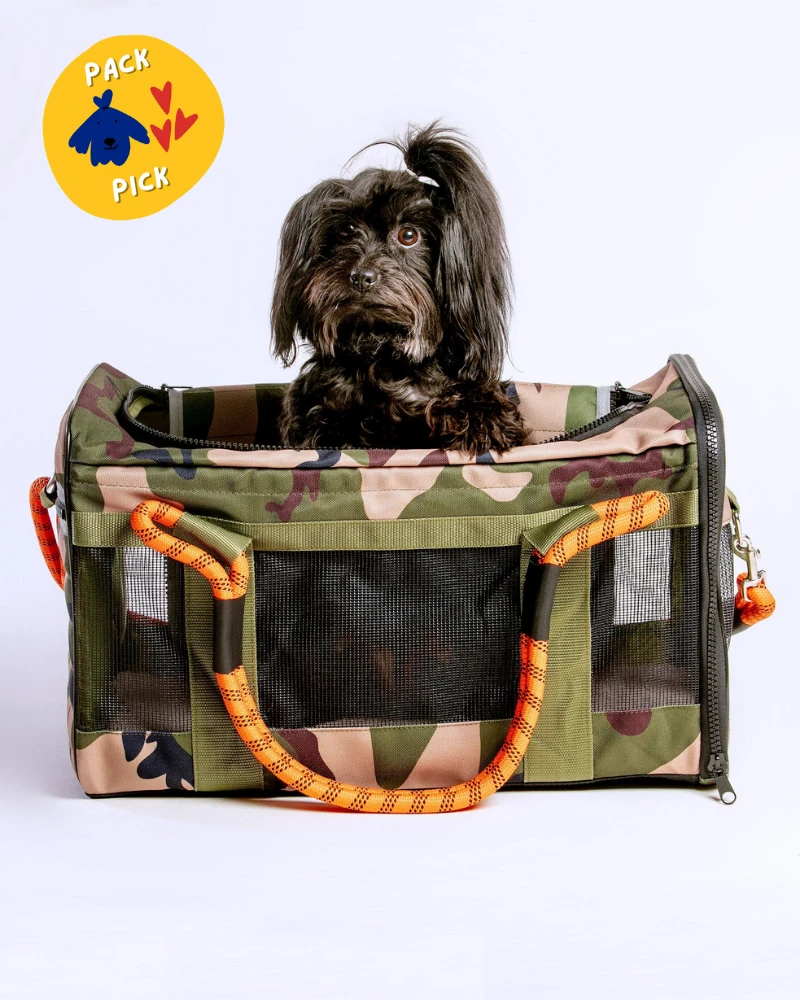 ROVERLUND Out-Of-Office Dog Carrier In Camo With Orange Straps 1 ROVERLUND Out-Of-Office Dog Carrier In Camo With Orange Straps